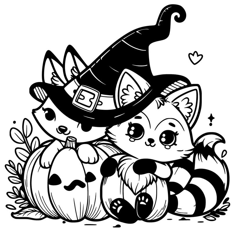 a cat and fox with a witch hat hugging a pumpkin