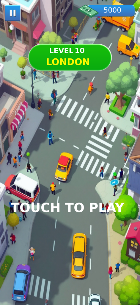 Pick Me Up Taxi Driving Game - Vista de juego desde arriba de Pick Me Up Taxi Driving Game mostrando taxis amarillos y peatones en un nivel de la ciudad de Londres