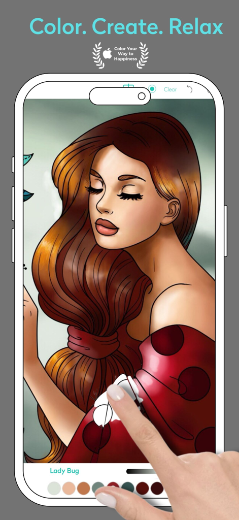 Mano coloreando un retrato de mujer en la aplicación de colorear para adultos Chroma