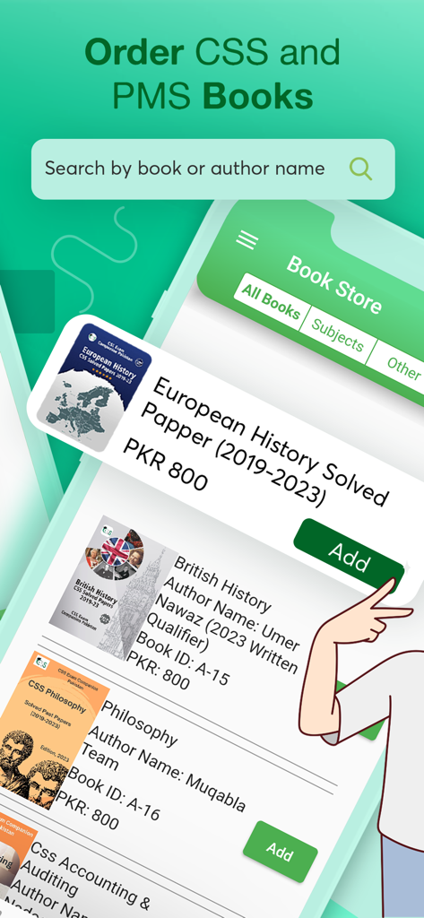 In-app bookstore interface showing CSS and PMS exam preparation books with pricing and add to cart options.