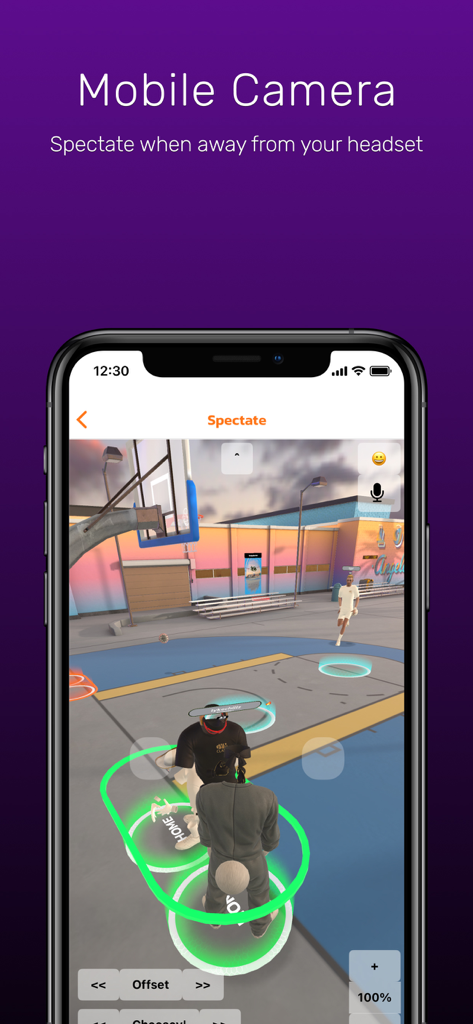 Gym Class VR: Companion App - Mobile screen showing the spectate feature in Gym Class VR Companion App with a virtual basketball court