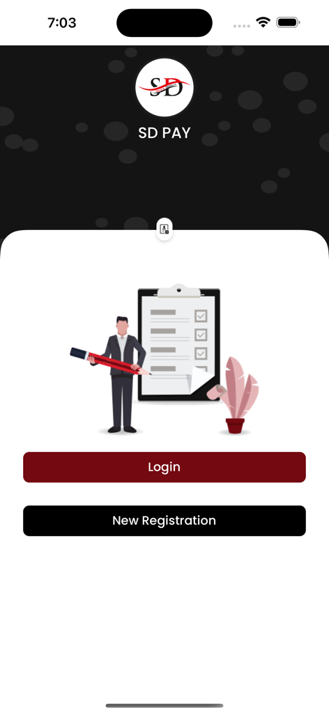SDPay - Discover, Buy, Earn - Welcome screen of SDPay app showing login and registration buttons