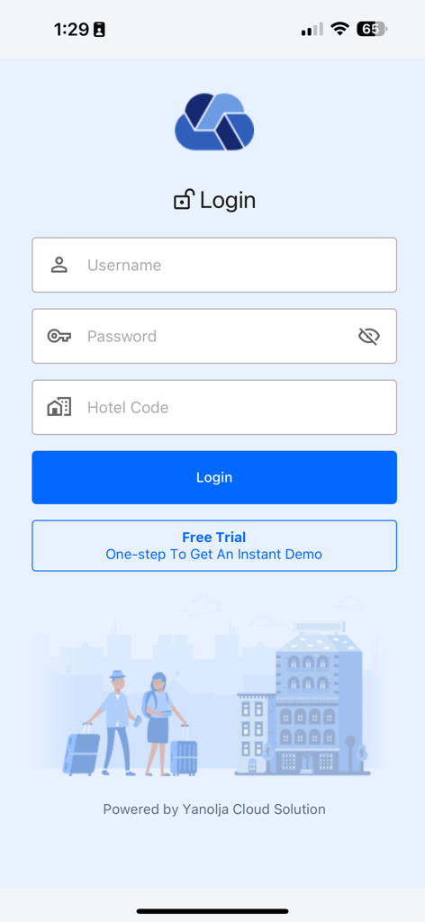 Hotel PMS and Channel Manager - Login-Bildschirm für die Hotel PMS und Channel Manager App mit Feldern für Benutzername, Passwort und Hotelcode