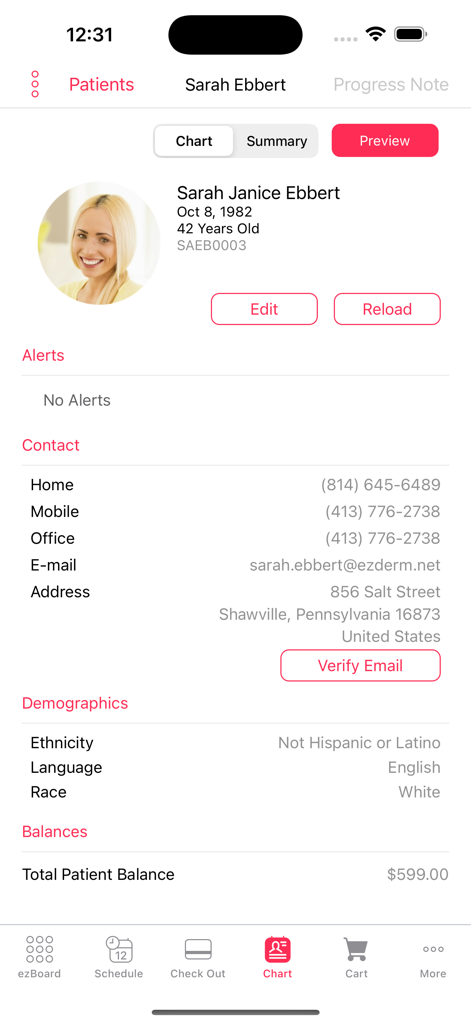 EZDERM mobile app interface showing a patient profile with contact details demographics and balance information
