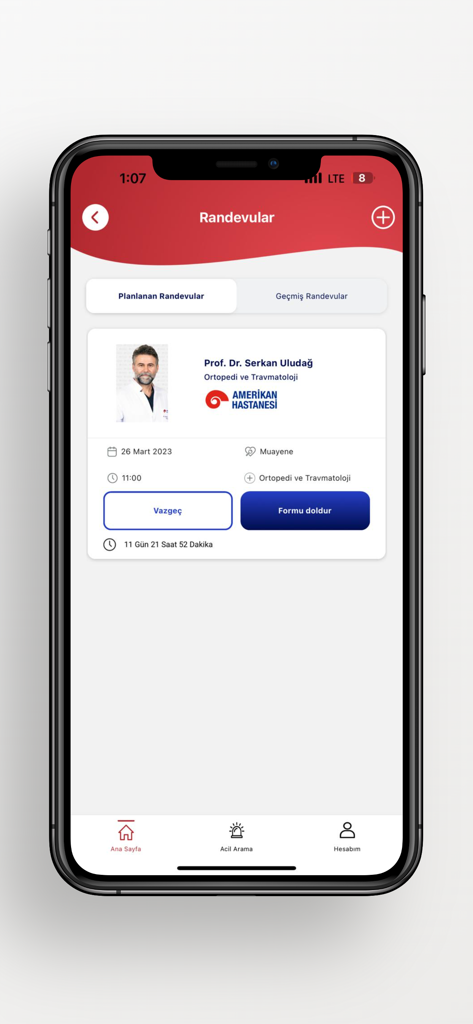Interface of the Koç Healthcare app displaying a planned medical appointment with a specialist at the American Hospital.