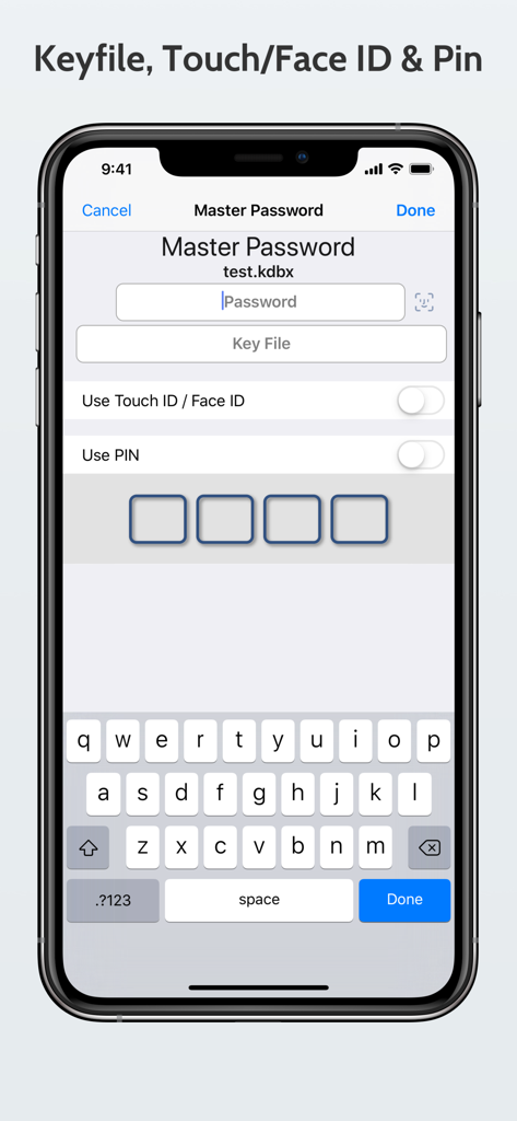 KyPass login screen showing master password, key file, biometric, and PIN unlock options