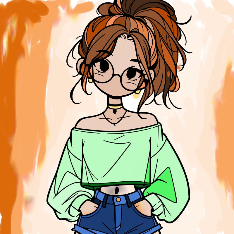 girl with a messy ponytail glasses a baggy crop top and jean shorts