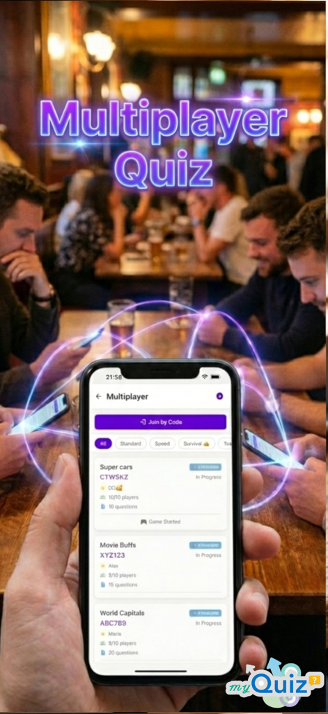 Mão segurando um smartphone mostrando a tela de um jogo de trivia multijogador em um ambiente de barra social