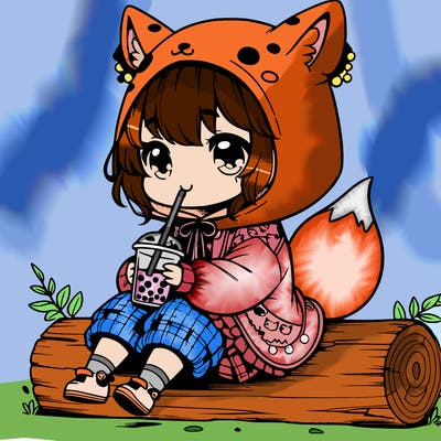 a cute anime realistic girl who is wearing a cute fox onesie and is drinking boba sitting on a log