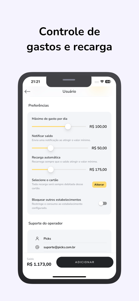 Picks Manager - Interfaz de la aplicación Picks Manager que muestra la configuración de control parental para límites de gasto diarios y recargas automáticas de cuenta.
