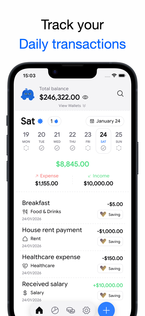 Mokie - Daily Expense Tracker - Interface de l'application Mokie montrant une liste de transactions quotidiennes et un aperçu du solde total