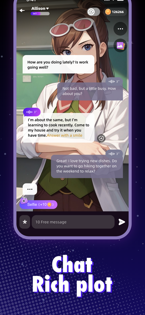Character.Me: AI & Video Chat - A screenshot of the Character.Me app showing a chat interface with an anime-style AI character named Allison and a rich roleplay plot.