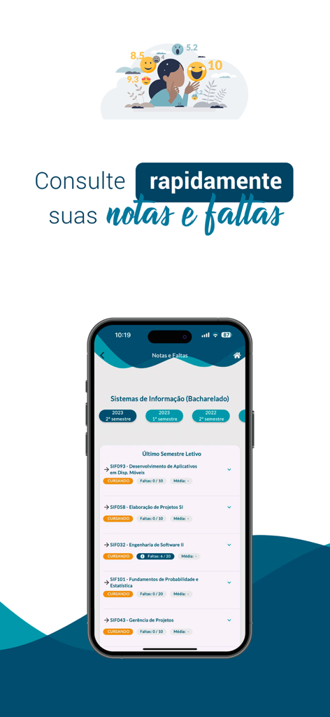 Schoolnet Aluno - Interface do aplicativo Schoolnet Aluno exibindo notas e ausências de um estudante para cursos universitários