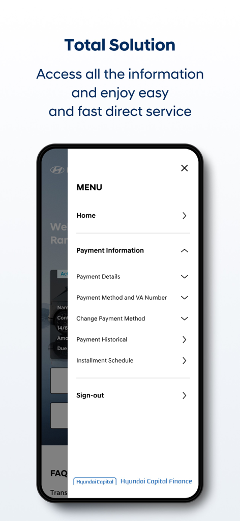 Menú de la aplicación Hyundai Finance mostrando información de pago y calendario de cuotas