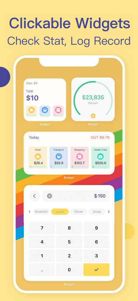 Budget app clickable widgets for quick expense logging and visual spending stats
