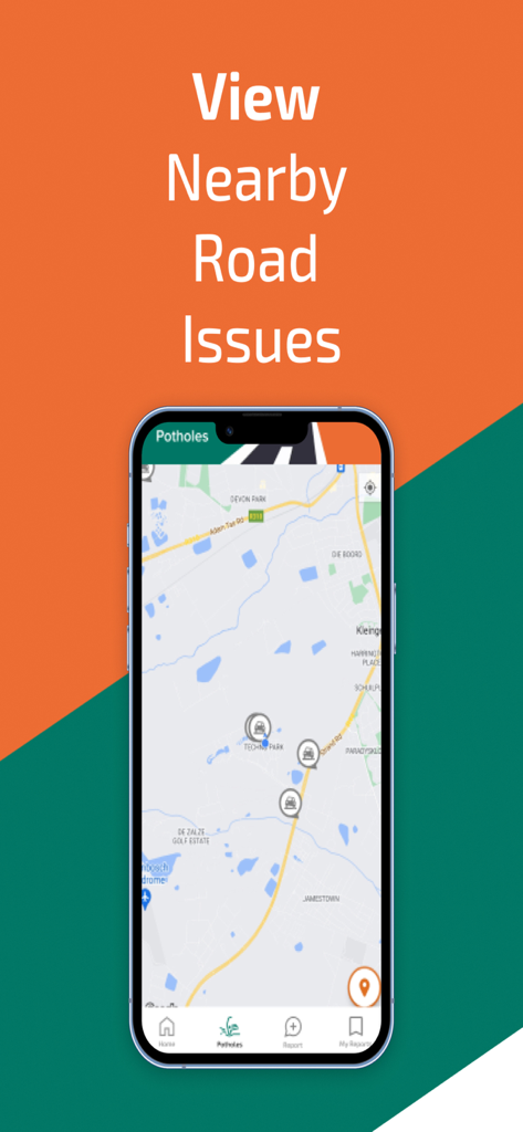 SANRAL mobile app displaying a map with nearby reported road issues and potholes