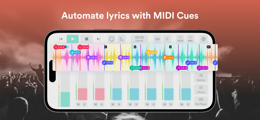 Prime MultiTrack App - A landscape view of the Prime MultiTrack App on a smartphone displaying MIDI cues and waveform for automated lyrics and transitions.