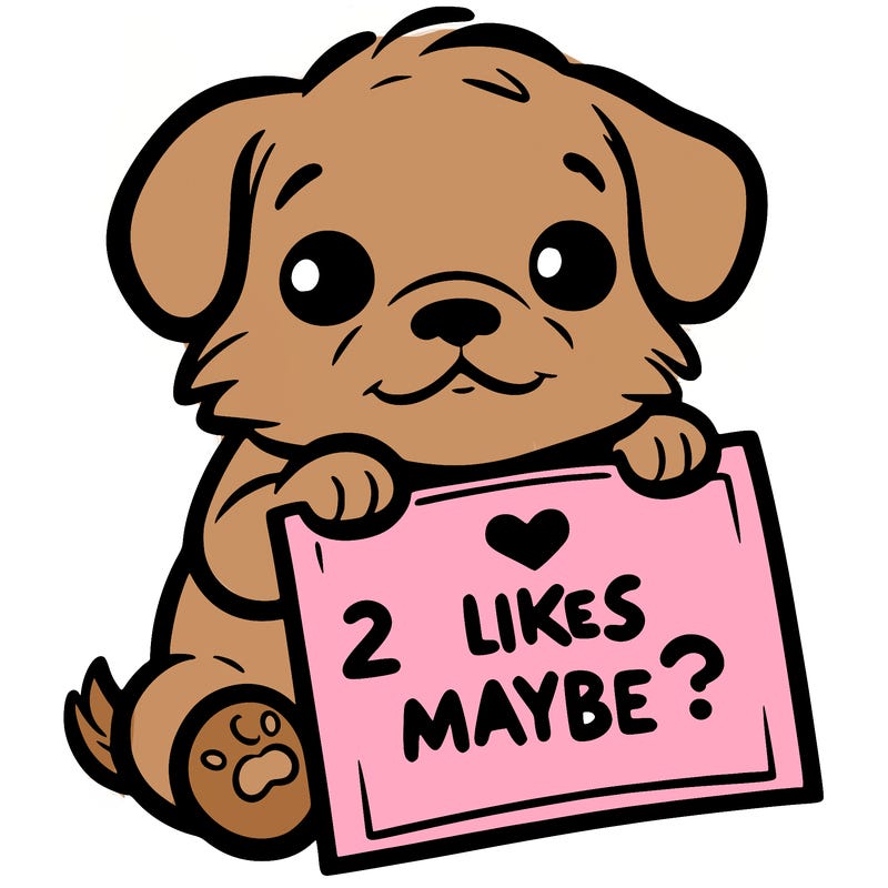 a puppy holding a sign that says 2 likes maybe?