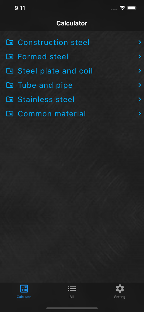 Steel weight calculator Pro - Menú principal de la aplicación Calculadora de peso de acero Pro mostrando categorías como acero de construcción, acero conformado y tubos.