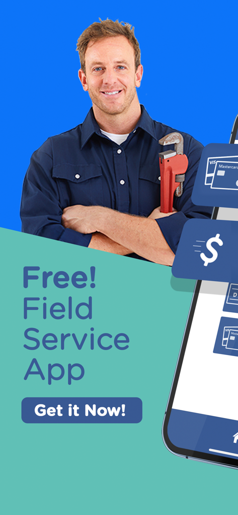 Invoice ASAP: Field Service - A smiling contractor holding a wrench next to a smartphone promoting the free Invoice ASAP field service app for mobile payments