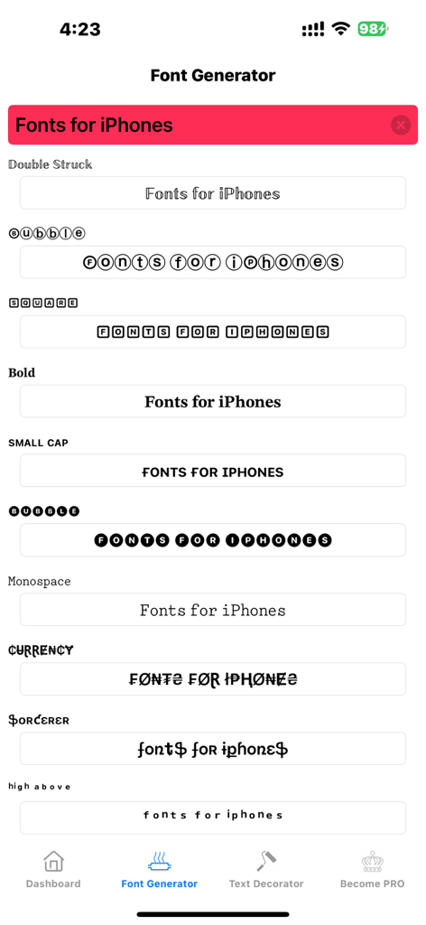 Font Generator - Cool Fonts - Interface of the Font Generator app showing different stylish text previews like Bubble and Bold fonts.