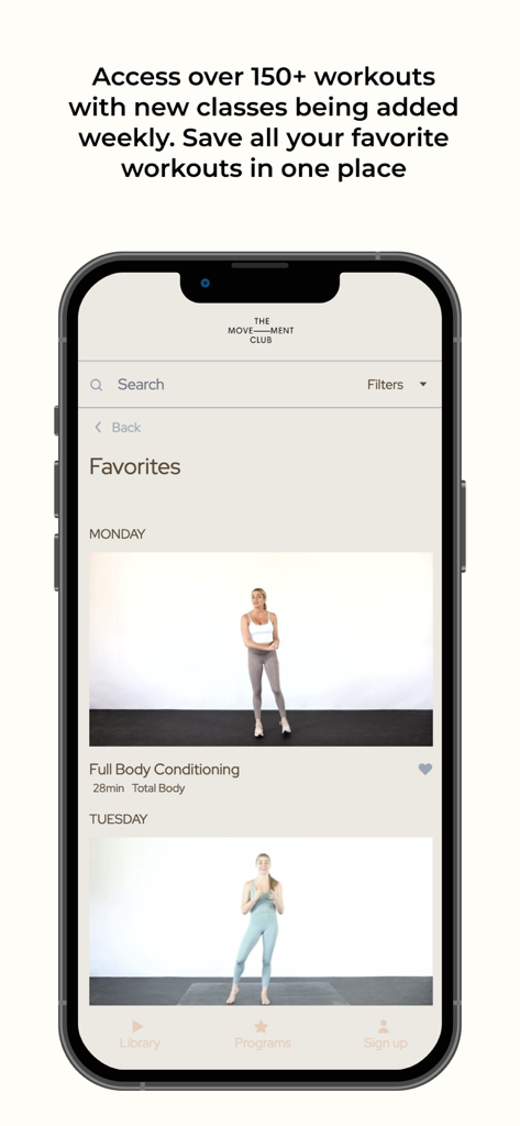The Movement Club App - Smartphone screen showing the favorites section of The Movement Club fitness app with workout video previews