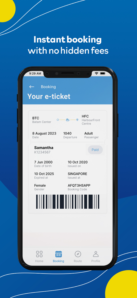 Sindo Ferry - Sindo Ferry mobile app showing a digital e-ticket with trip details and a scannable barcode