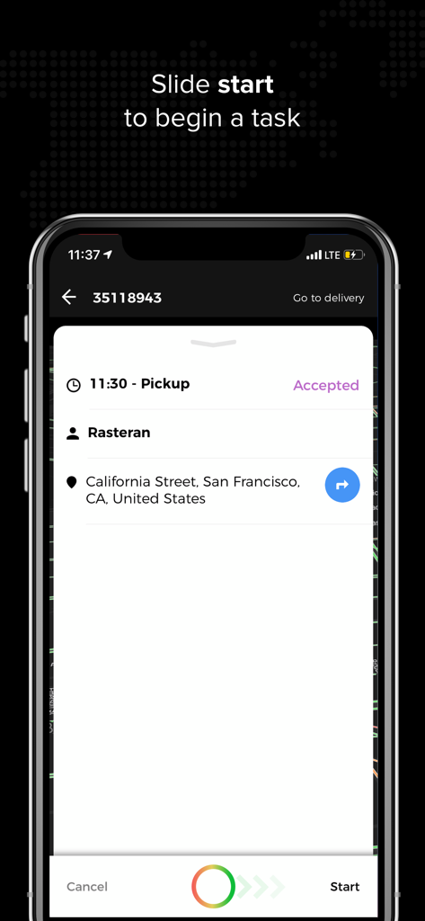 Tookan Agent - Tookan Agent mobile app showing pickup task details in San Francisco with a slide to start button