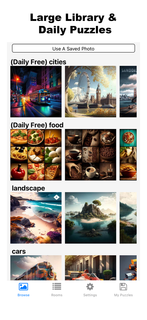 パズルラッシュアプリで、都市、食べ物、風景などのさまざまなパズルカテゴリを表示する画面。