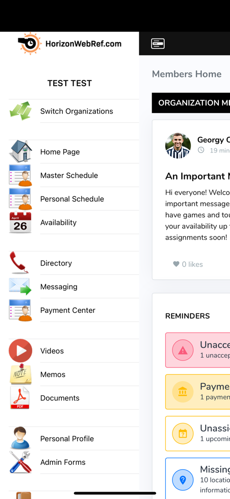 HorizonWebRef.com - HorizonWebRef mobile app interface showing the navigation sidebar menu and member home dashboard.