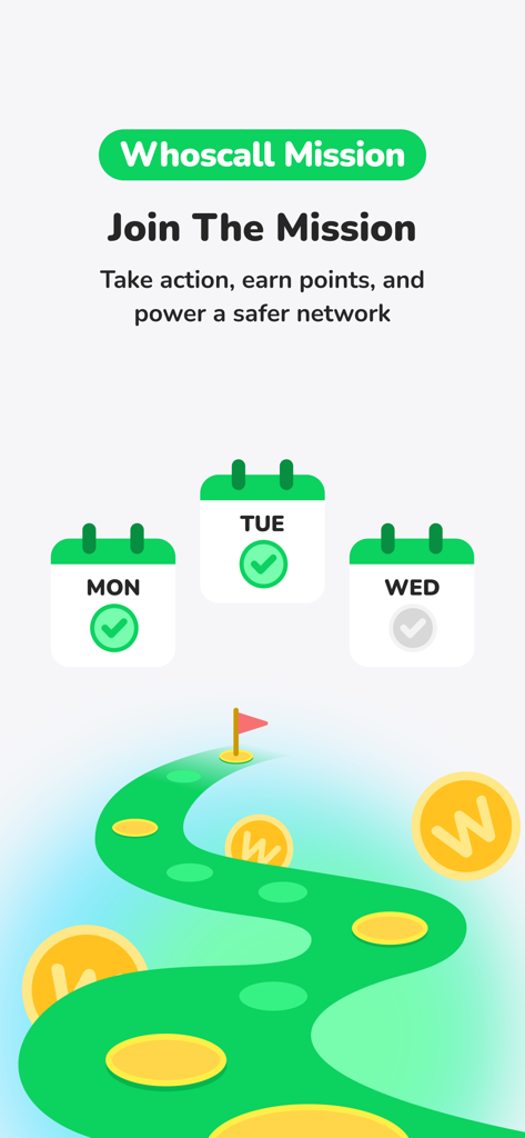 Whoscall Mission Board interface showing daily check-ins and reward points