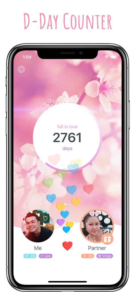 Interface of the inlove app showing a relationship day counter with a romantic floral background