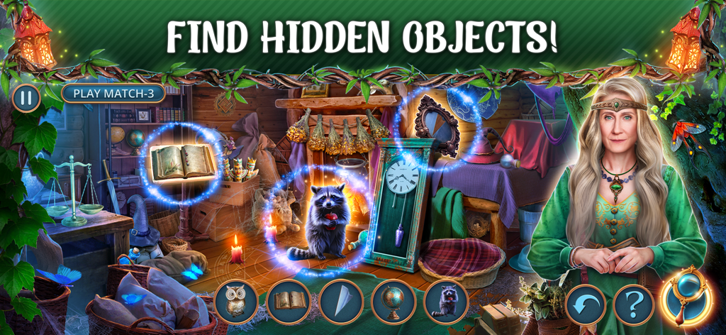 Hidden Objects: Mystic Woods - Una escena de puzle de objetos ocultos en una cabaña mística del juego Objetos Ocultos Bosque Místico