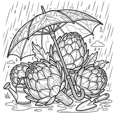 Discover the unexpected beauty of artichokes on a rainy day with this charming coloring page. It's a delightful scene, perfect for nurturing your creativity and finding tranquility.