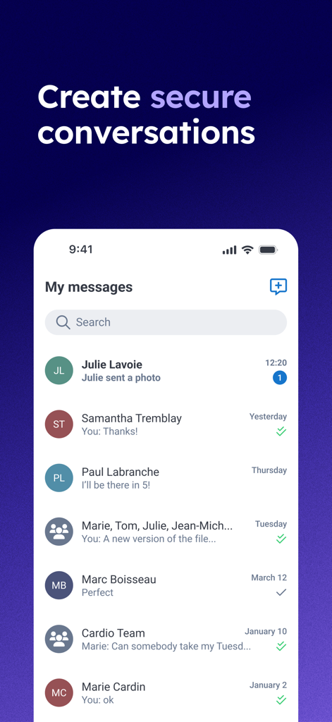 Petal Health - Petal Health Mobile App zeigt eine Liste sicherer Nachrichten zwischen medizinischem Fachpersonal und medizinischen Teams.