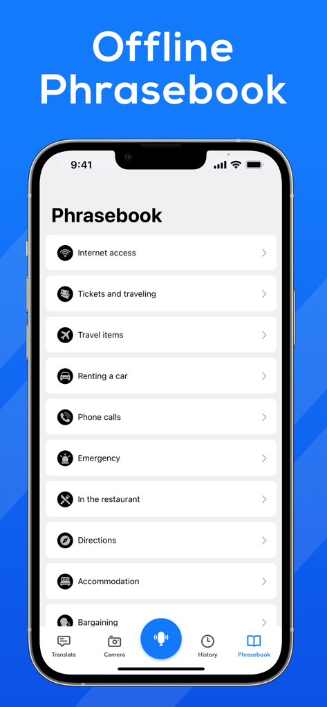 Translator : Translate Voice - Interfaz de iPhone mostrando categorías de guía de conversación para viajeros
