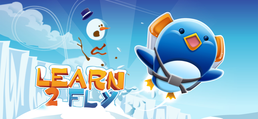 Learn 2 Fly: Penguin game - A blue penguin flying with a jetpack in the Learn 2 Fly penguin game
