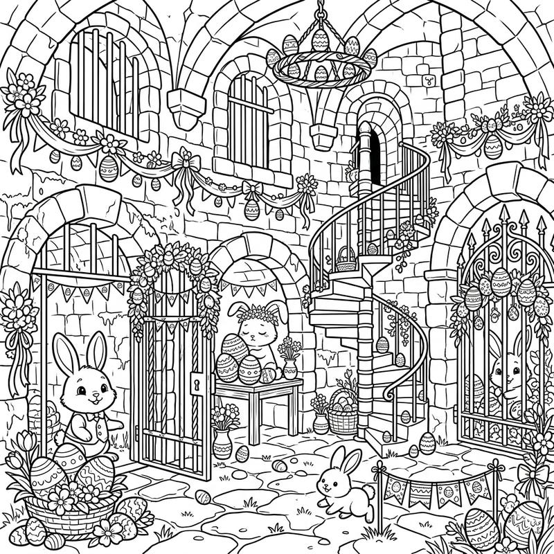 Step into a world where ancient castle dungeons meet the joy of Easter in this delightful coloring page. Discover adorable bunnies, festive eggs, and blooming flowers transforming a somber setting into a cheerful holiday scene.
