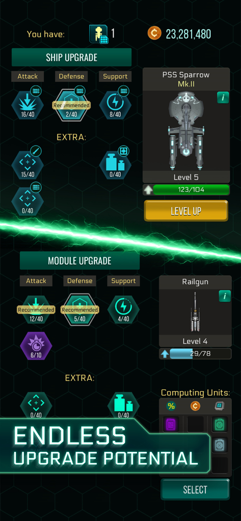 Spaceship and module upgrade menu showing tactical progression for PSS Sparrow MkII and Railgun in Space Arena.