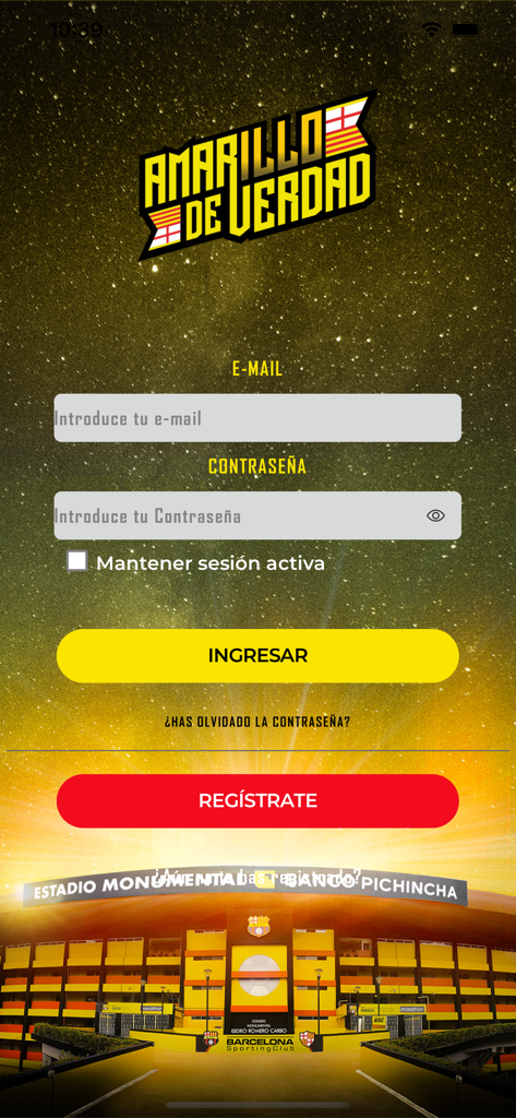 クラブのロゴとスタジアムの画像が表示されたバルセロナ・スポルティング・クラブ公式モバイルアプリのログイン画面