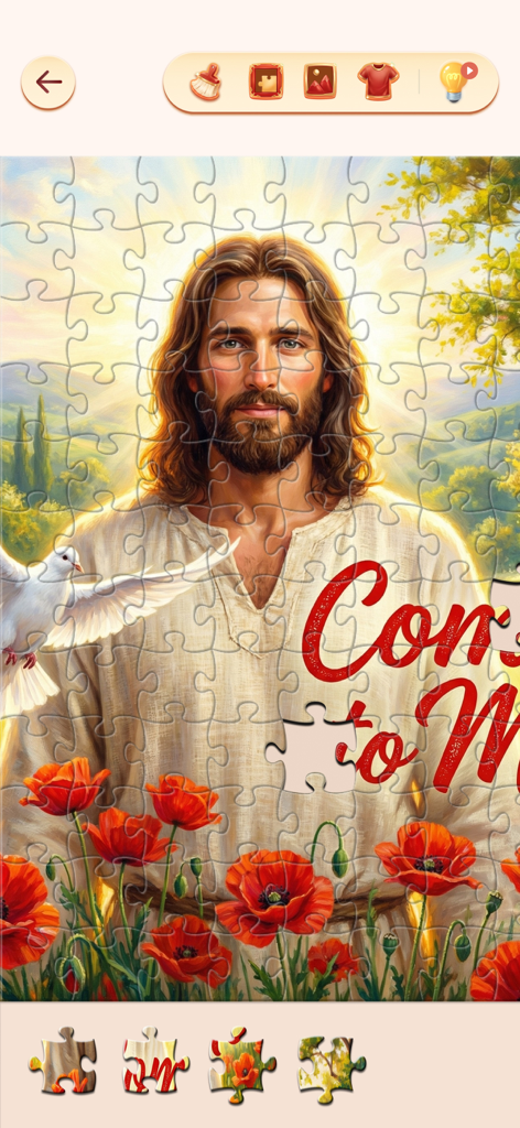 Bible Jigsaw Puzzles - Una pantalla de juego de puzle de jigsaw digital con una ilustración de Jesucristo con una paloma blanca y amapolas rojas