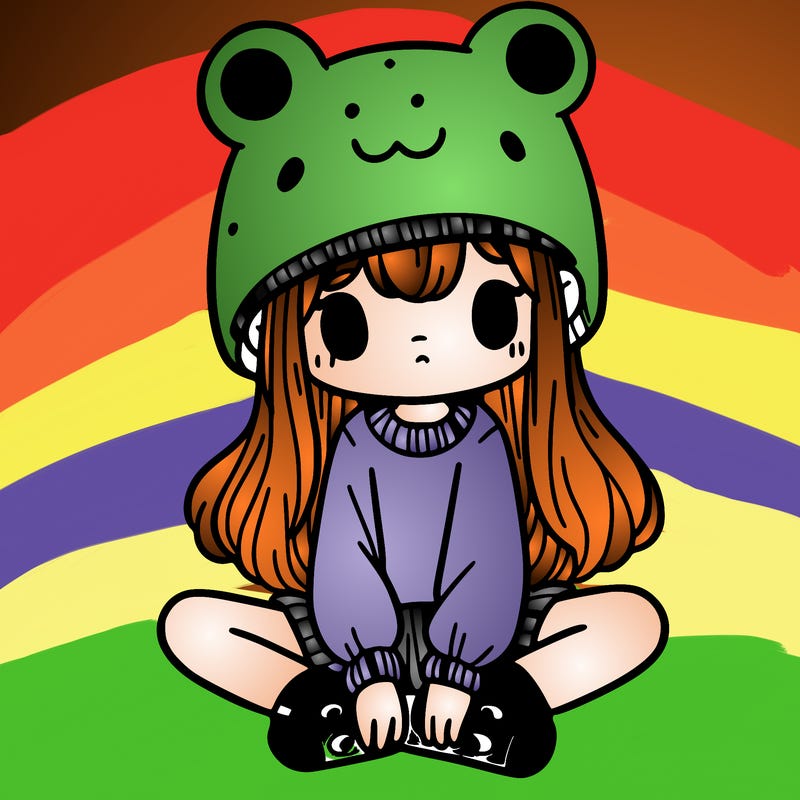 a girl wearing a frog hat and some frog socks