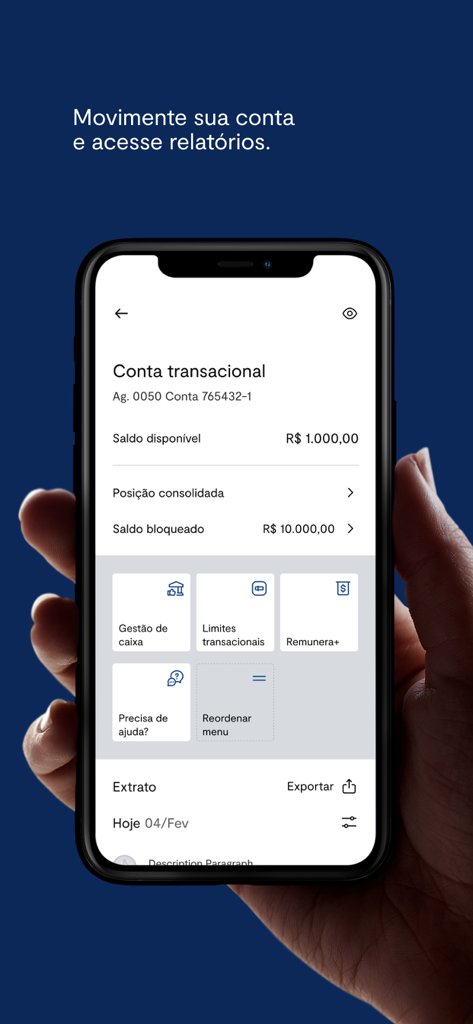Painel móvel do aplicativo BTG Pactual Empresas mostrando saldo da conta empresarial e ferramentas de gestão financeira