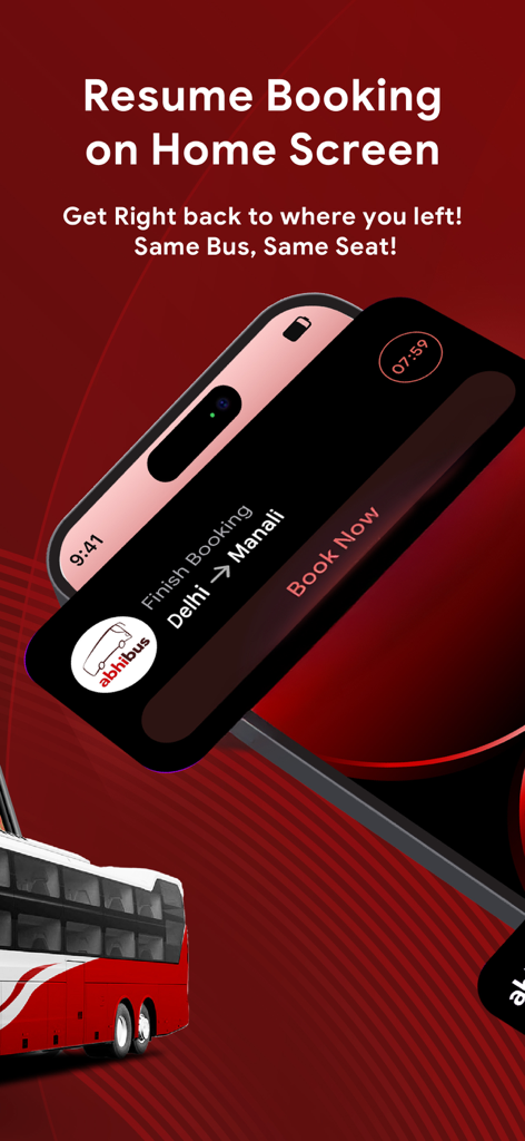 AbhiBus Bus Ticket Booking App - AbhiBus app screenshot showing the feature to resume an unfinished bus booking for a Delhi to Manali route
