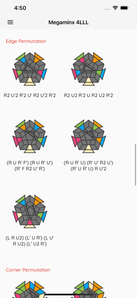 Cube Algorithms X - A list of Megaminx 4LLL edge permutation algorithms with 3D diagrams and notation in the Cube Algorithms X app.