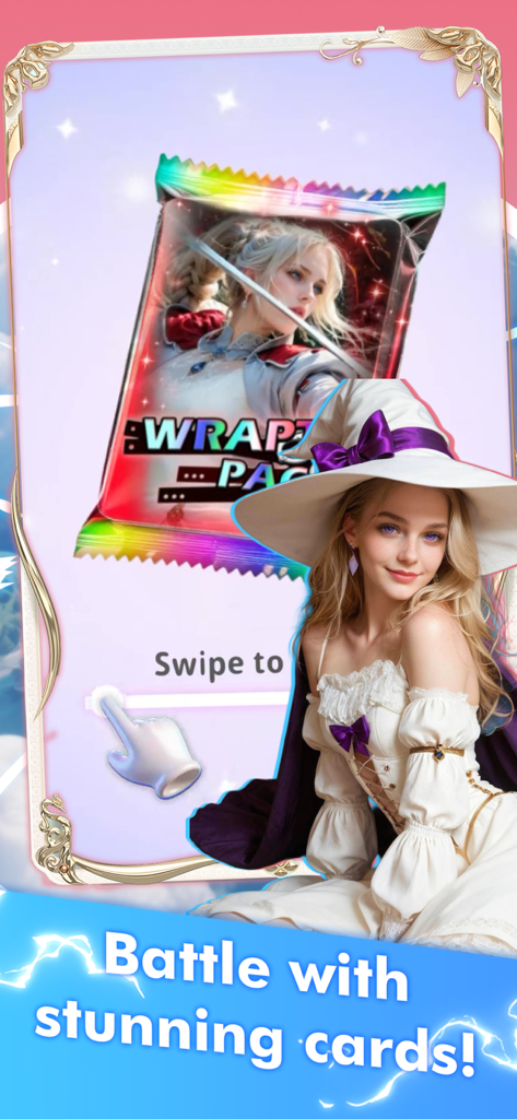 Card Queen:Duel - Um pacote de cartas colorido sendo aberto com um gesto de deslizar, apresentando uma bela personagem maga de fantasia