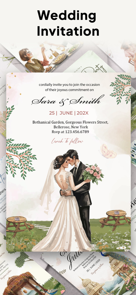 Anpassbare Hochzeitseinladungsvorlage mit einer illustrierten Braut und einem Bräutigam in einer Gartenkulisse