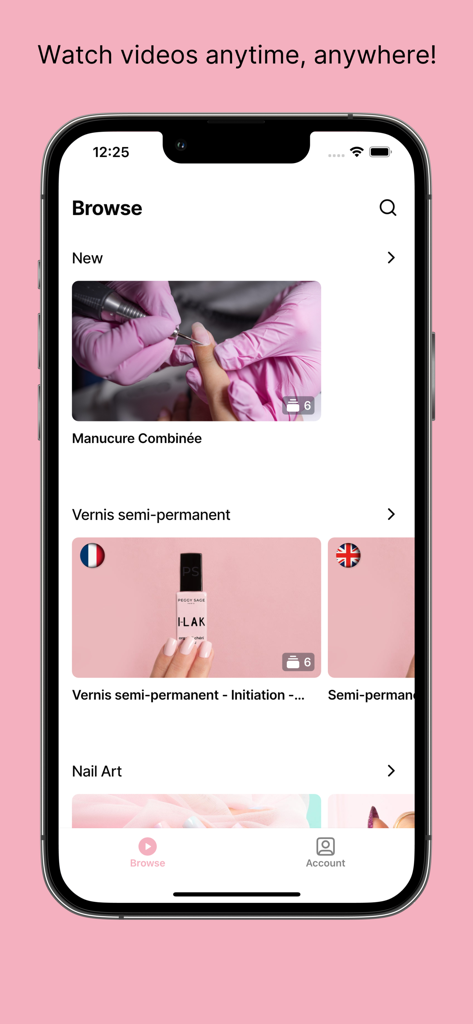 Peggy Sage Academy - Peggy Sage Academy app browse screen showing nail art and manicure video tutorial categories on an iPhone.