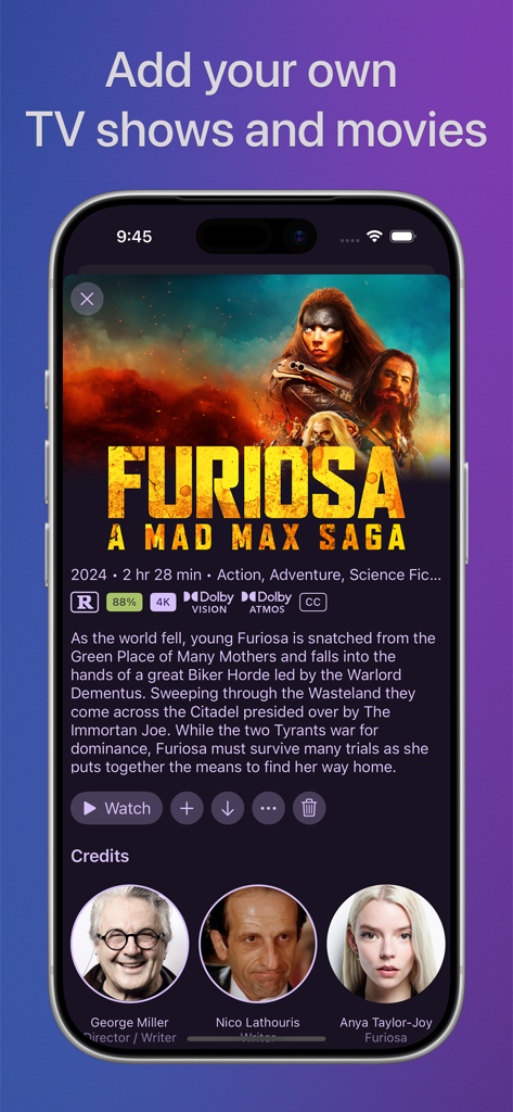 Channels: Whole Home DVR - Mobile screenshot of Channels DVR app showing movie details for Furiosa A Mad Max Saga with cast credits