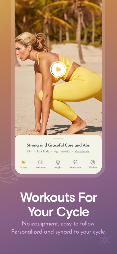 A woman in yellow athletic wear performing a core and abs workout on a beach as part of a cycle-synced fitness program.